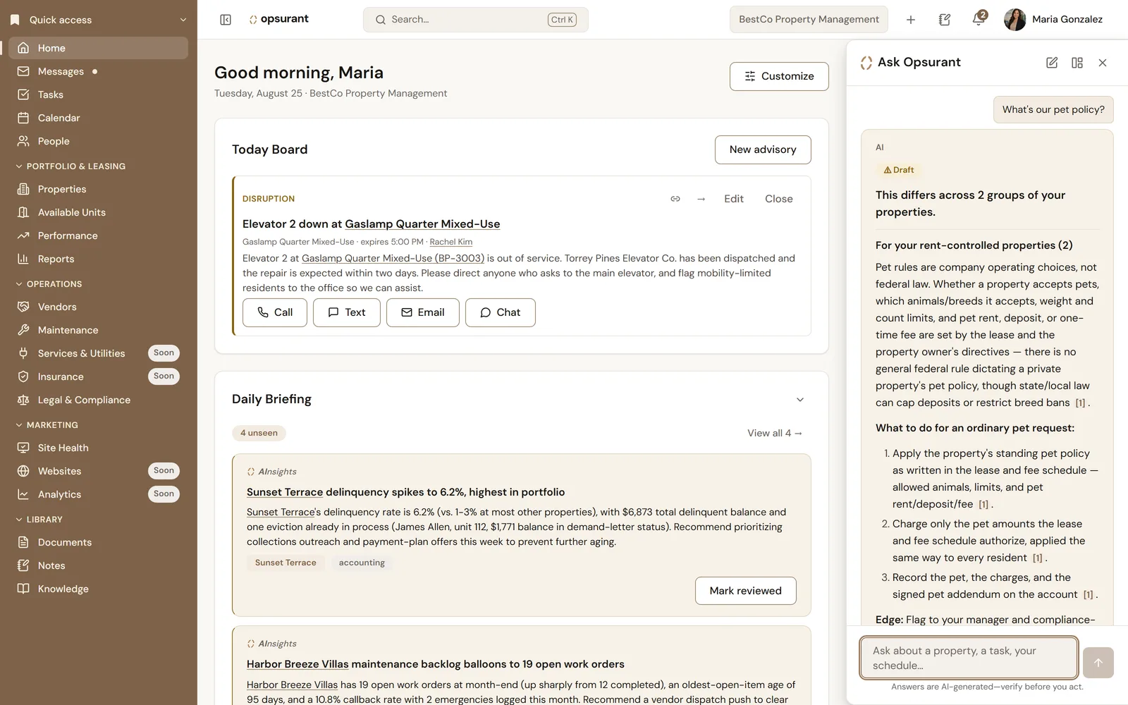 Screenshot of the Ask Opsurant panel open beside the home screen, answering a pet-policy question in grouped sections with numbered citations back to source documents.