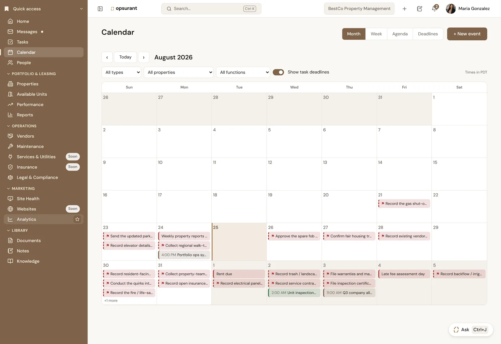 Screenshot of the Calendar month view for August 2026: mostly task-deadline pills across the days, with a couple of scheduled events—a weekly property-reports meeting and a portfolio ops sync—mixed in.