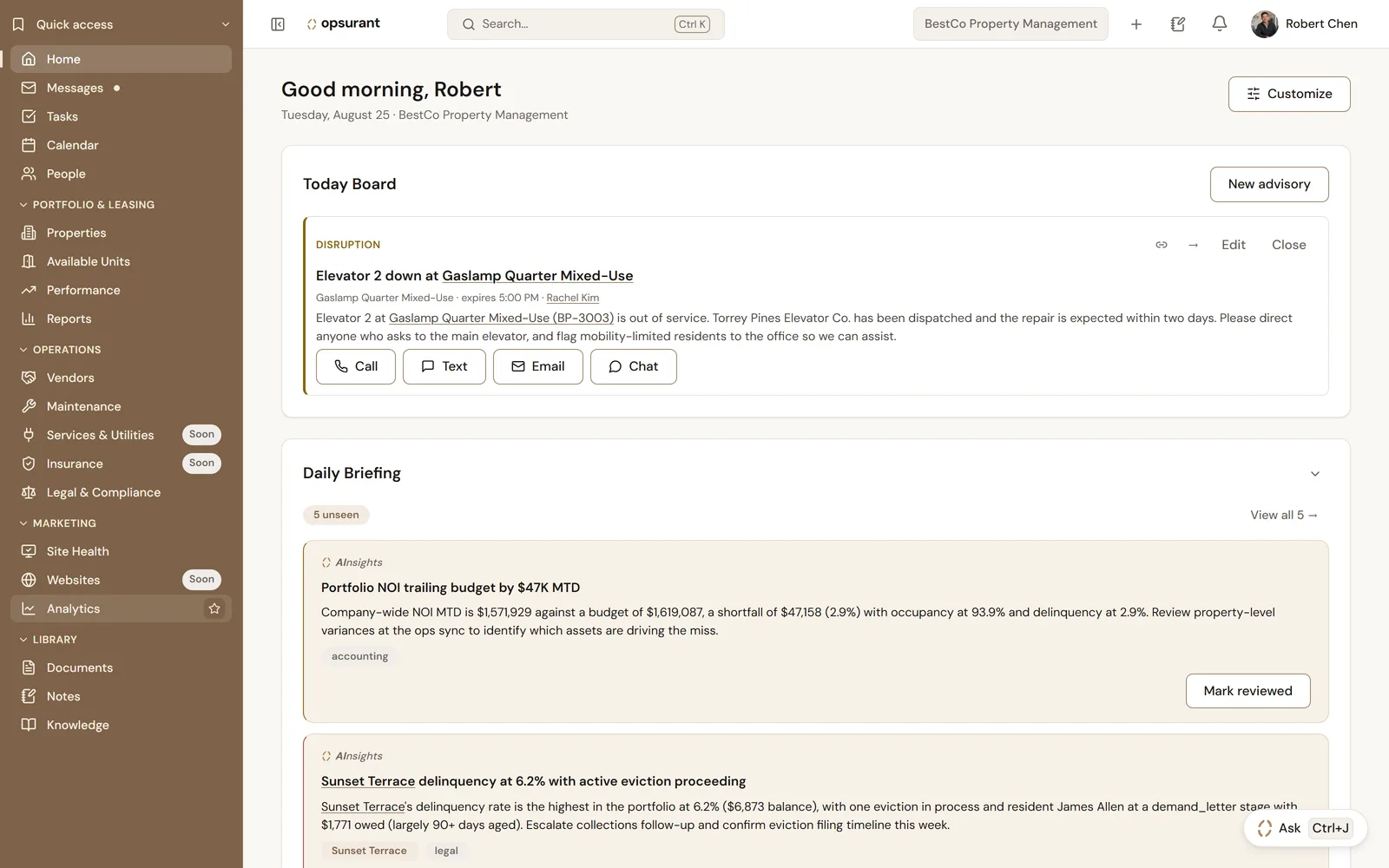 Screenshot of the Opsurant home screen: a left sidebar of portfolio, operations and library sections, a Today Board advisory about an elevator outage, and a Daily Briefing list underneath.