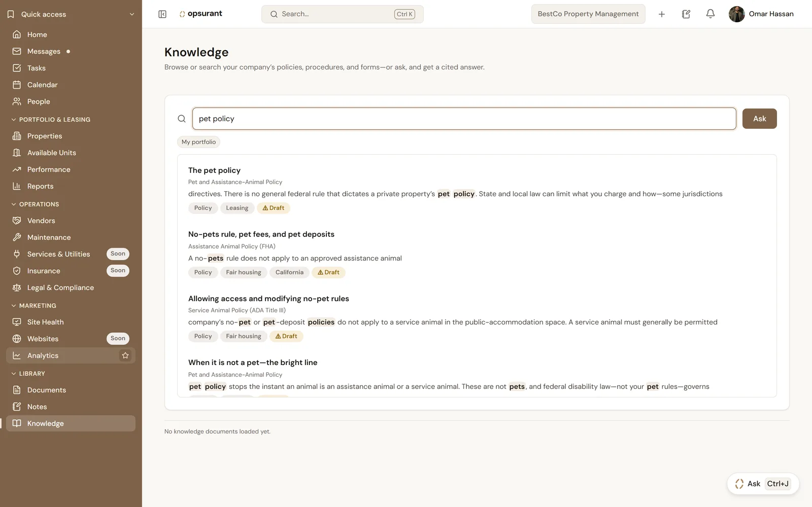 Screenshot of the Knowledge page: a search for pet policy returning matching policy passages, each tagged with its source document and topic.