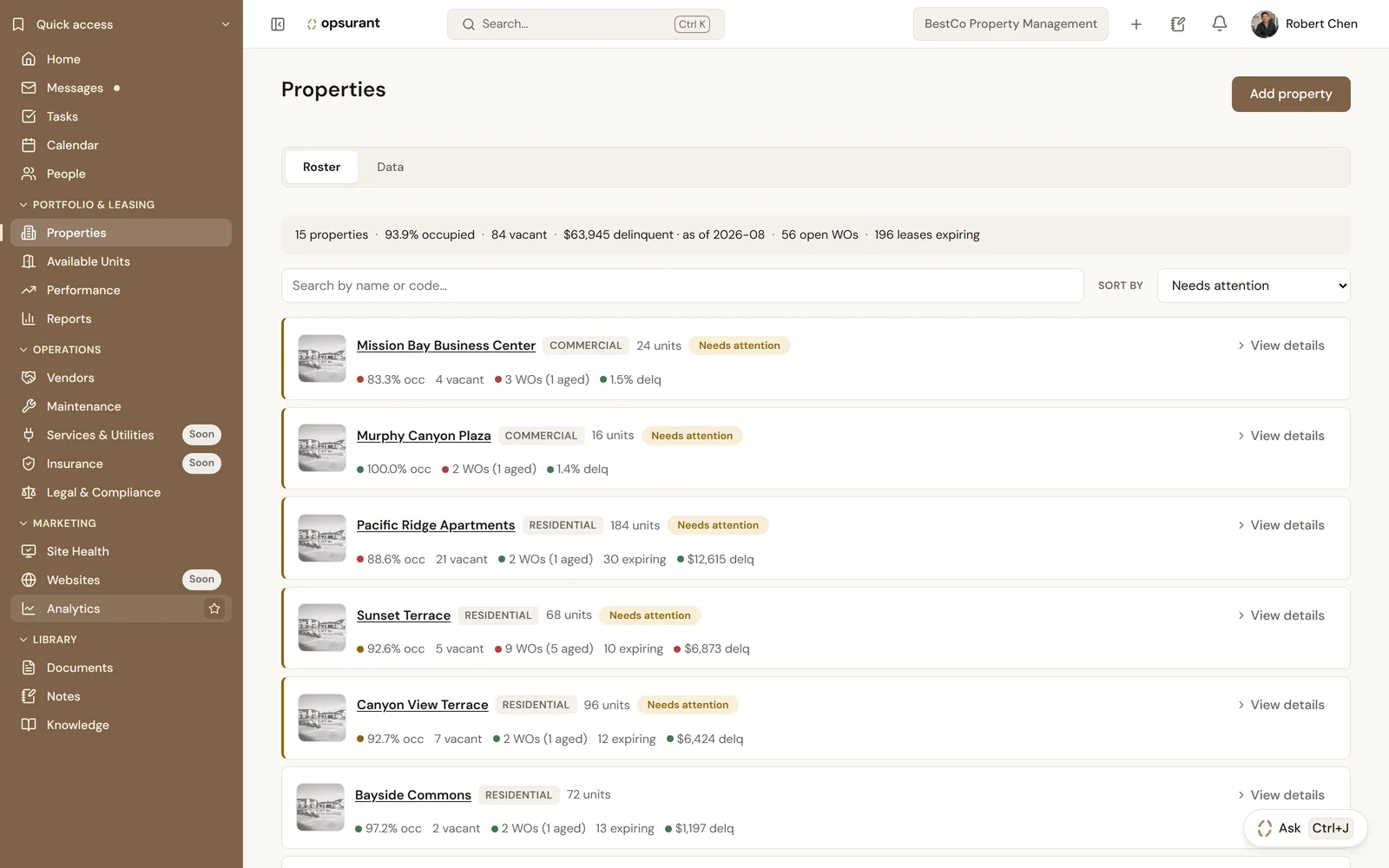Screenshot of the Properties roster: each property listed with occupancy, vacancies, open work orders, expiring leases and delinquency, and a needs-attention flag.