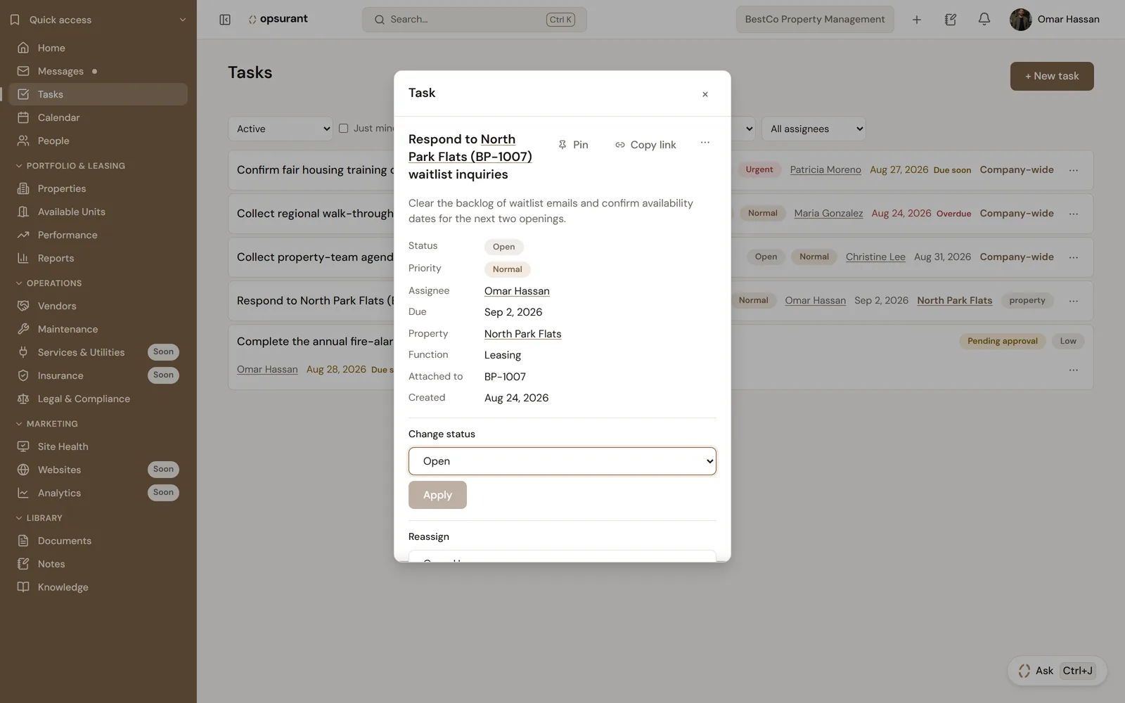 Screenshot of an open task, Respond to North Park Flats waitlist inquiries: its status, priority, assignee, due date, function and the property it is linked to.