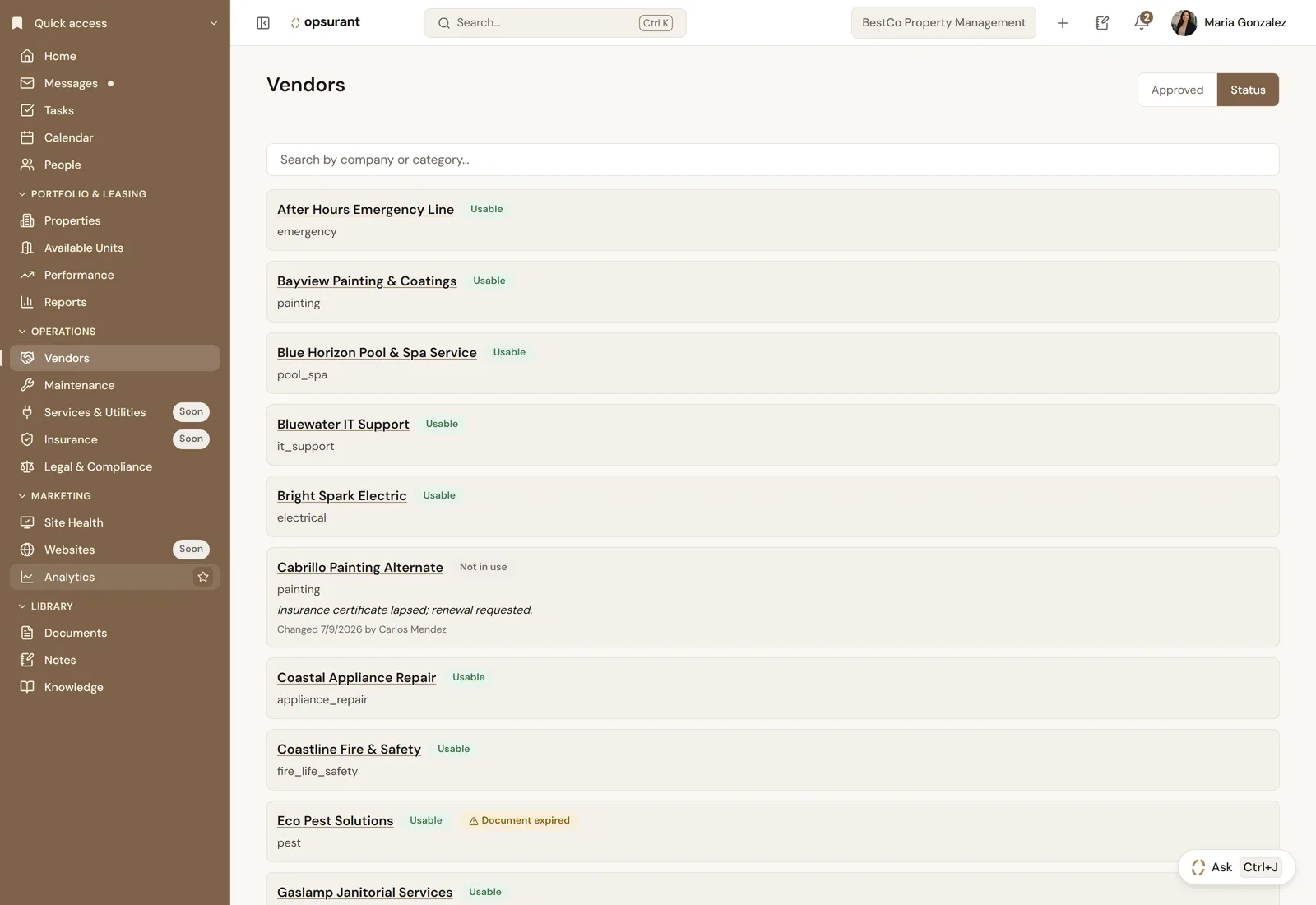 Screenshot of the Vendors page filtered to status: each vendor listed as usable or not in use, with a lapsed-insurance-document flag and the date it was last changed shown on one entry.